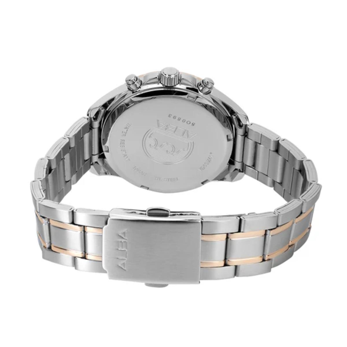 Silver watch with a detailed back design on a white background
