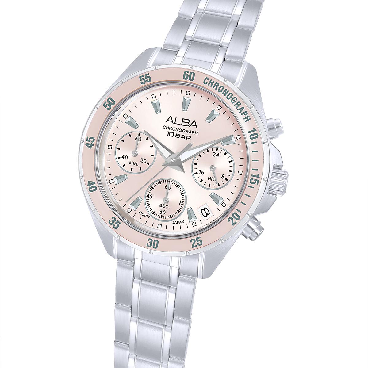Silver watch with a detailed face on a white background