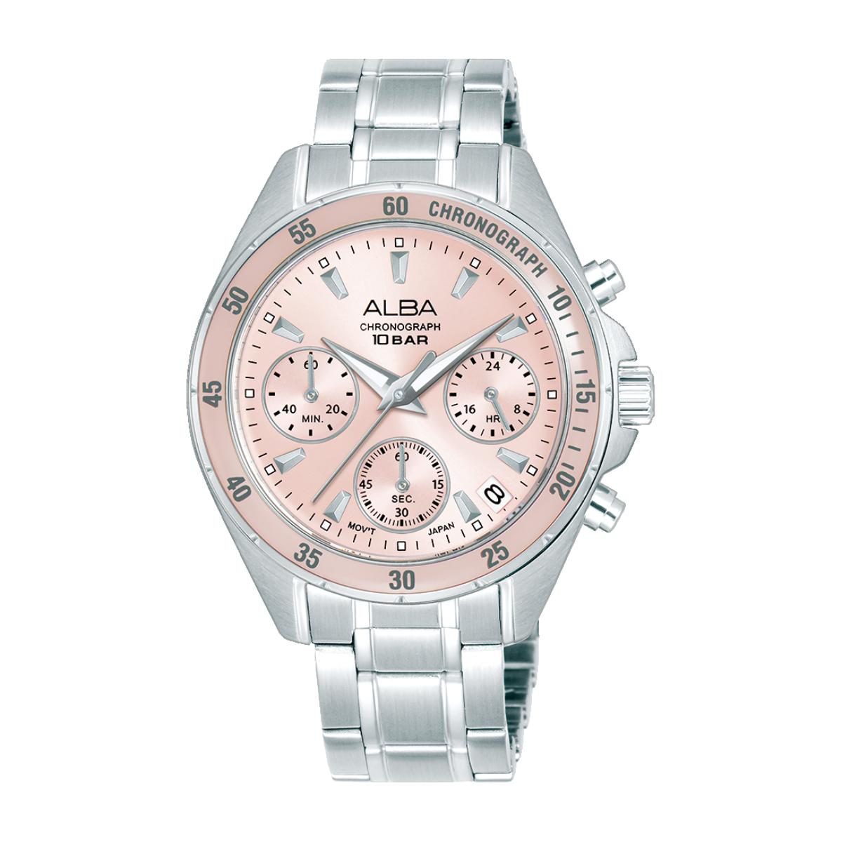 Silver watch with a pink face on a white background