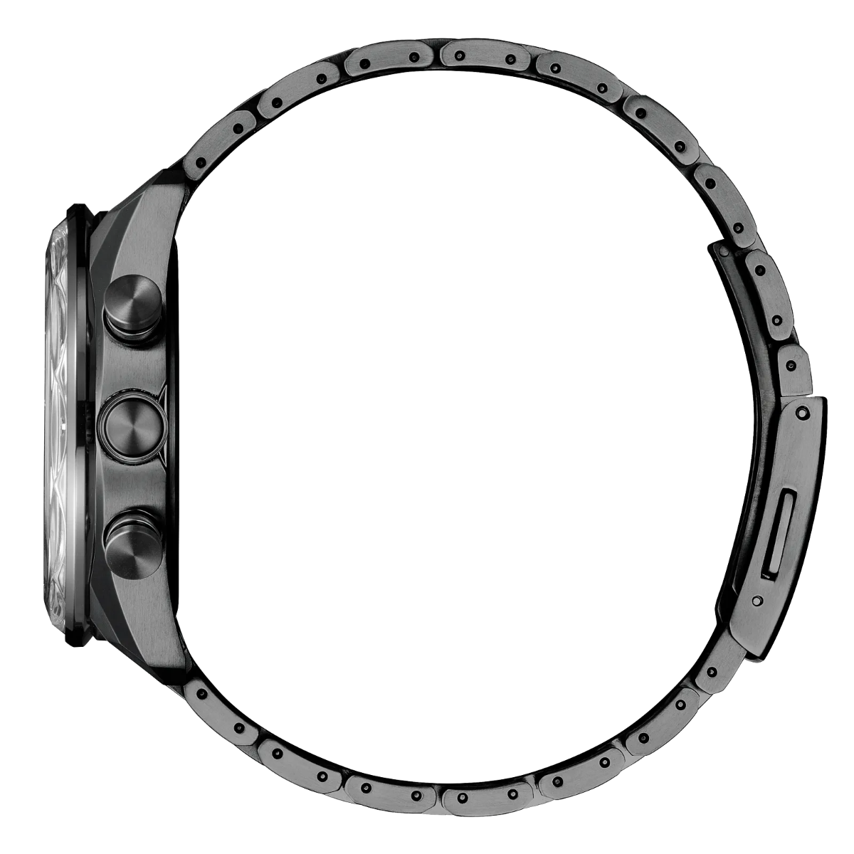 Close-up of a watch with a metallic band on a white background