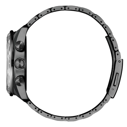 Close-up of a watch with a metallic band on a white background