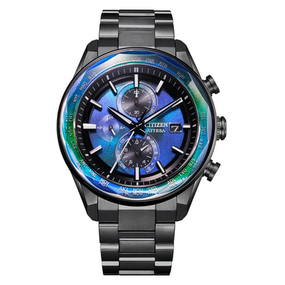 Citizen watch with a blue face and black strap on a white background