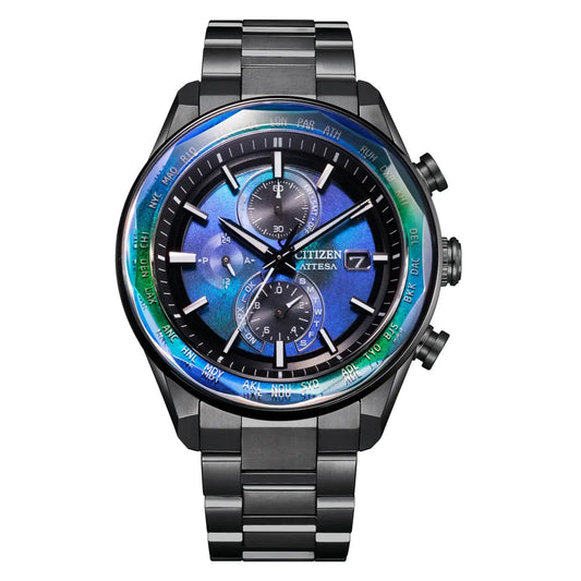 Citizen watch with a blue face and black strap on a white background