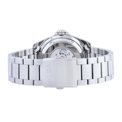 Silver watch with a metal strap on a white background