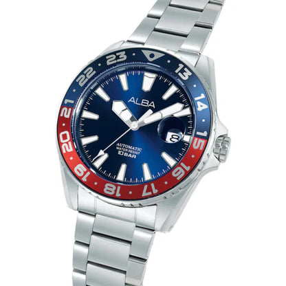 Watch with blue and red bezel and silver band on a white background