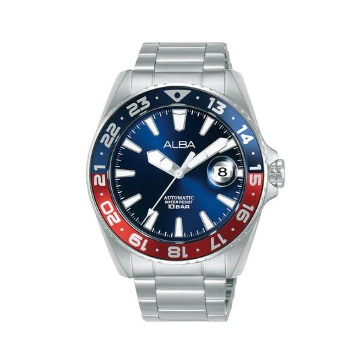 Silver watch with blue and red bezel on a white background, featuring the brand 'Alba'.