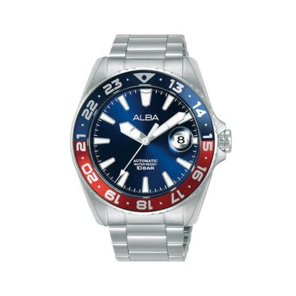 Silver watch with blue and red bezel on a white background, featuring the brand 'Alba'.
