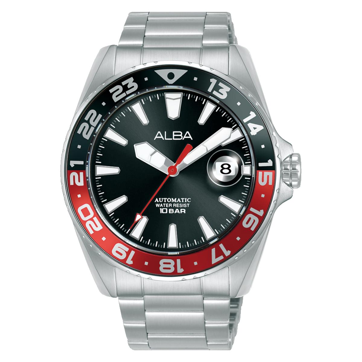 Silver watch with black face and red accents on a white background