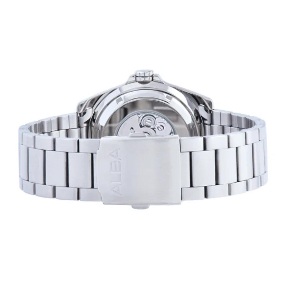 Silver watch with a metal strap on a white background