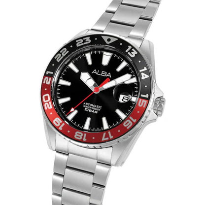 Watch with black face, red bezel, and silver metal strap on a white background