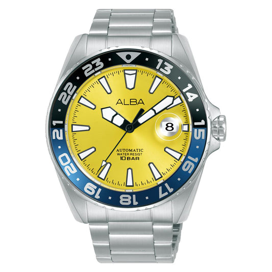 Silver watch with a yellow face and blue bezel on a white background