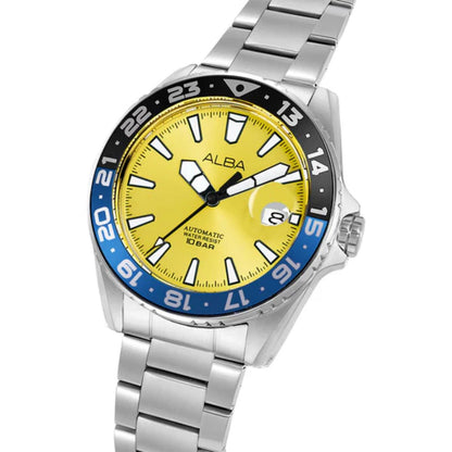Watch with yellow face, blue bezel, and silver metal strap on white background