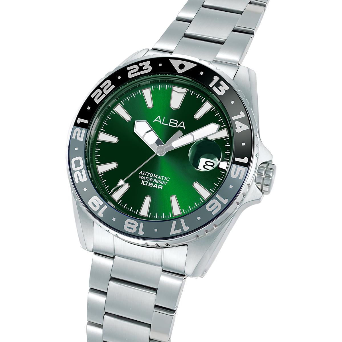 Silver watch with green dial and 'Alba' branding on a white background