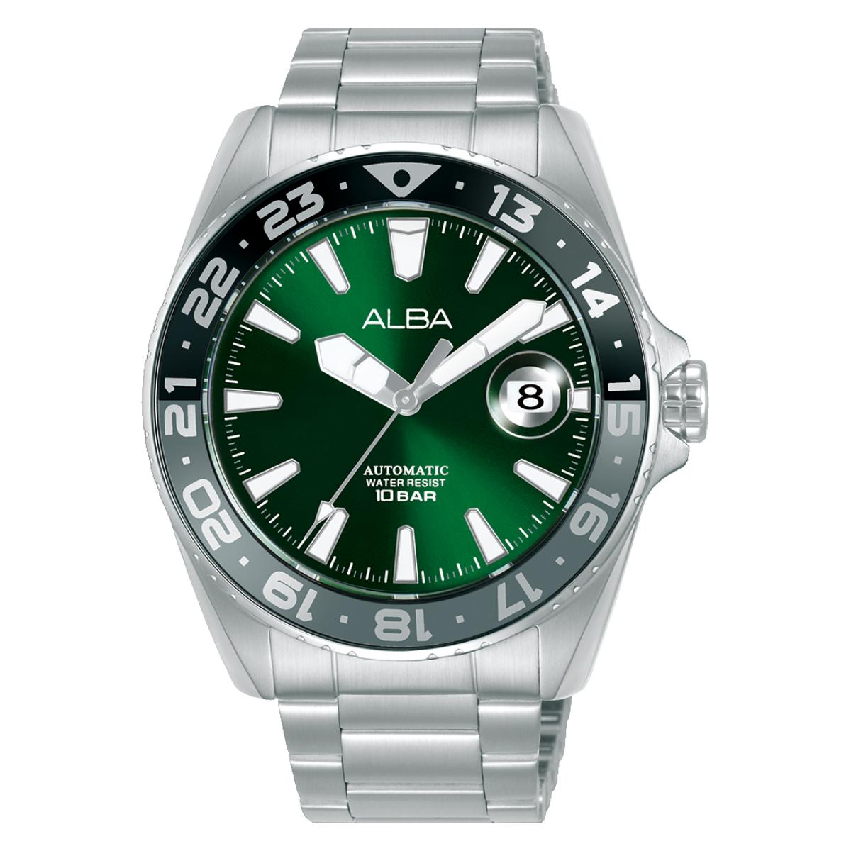 Silver watch with green dial and 'Alba' branding on a white background