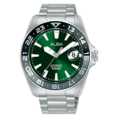 Silver watch with green dial and 'Alba' branding on a white background