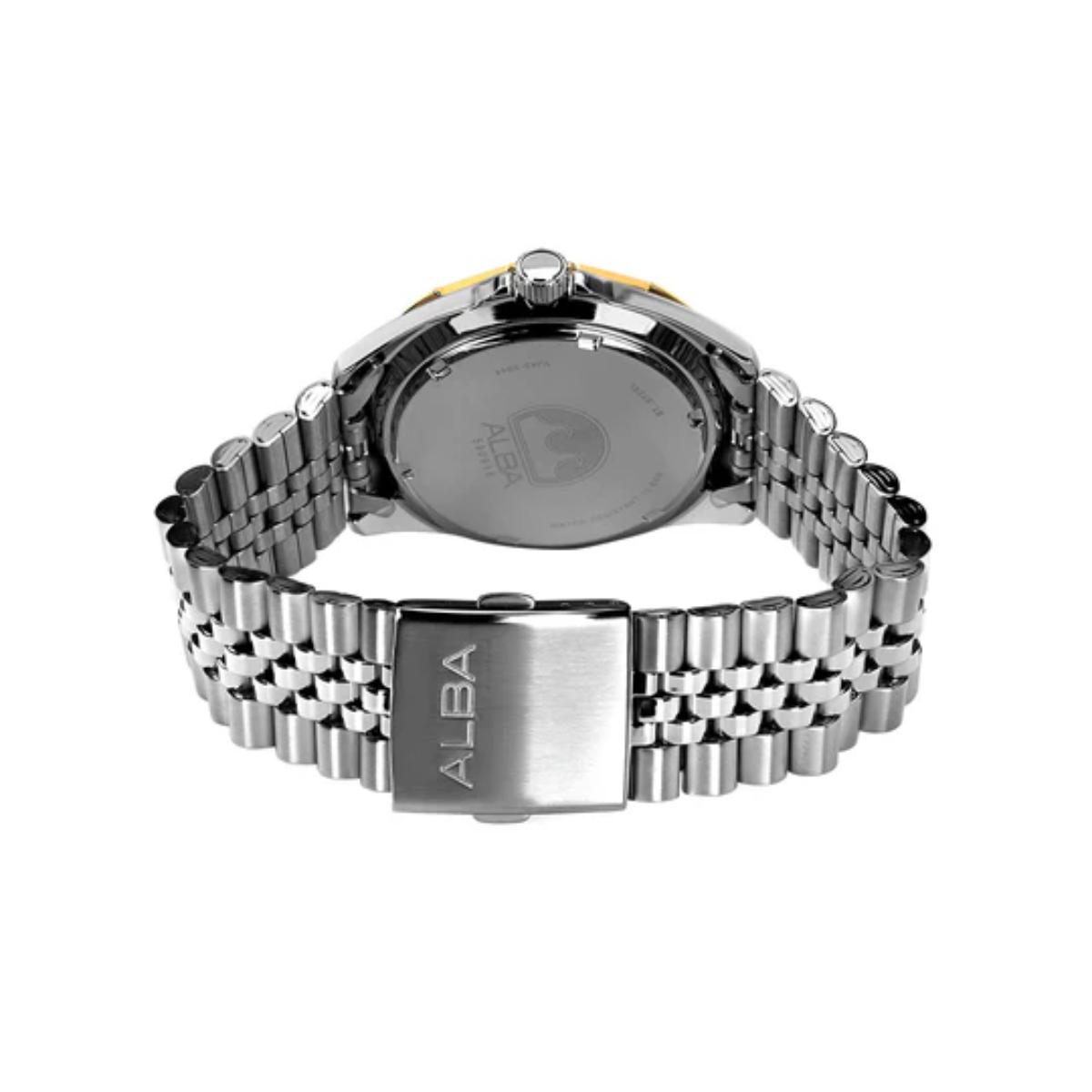 Silver watch with metal band on a white background