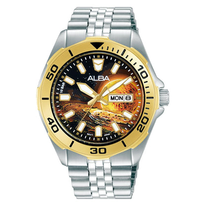 Watch with gold and silver design on a white background