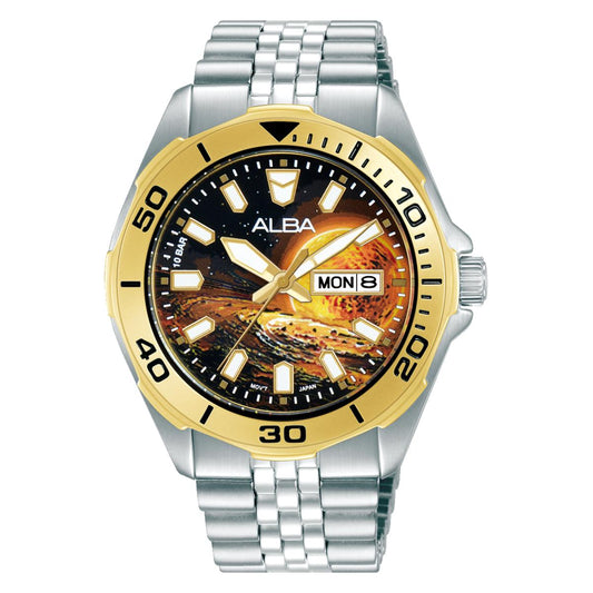 Watch with gold and silver design on a white background