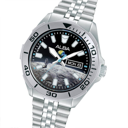Silver ALBA watch with a black face showing a moon image on a white background
