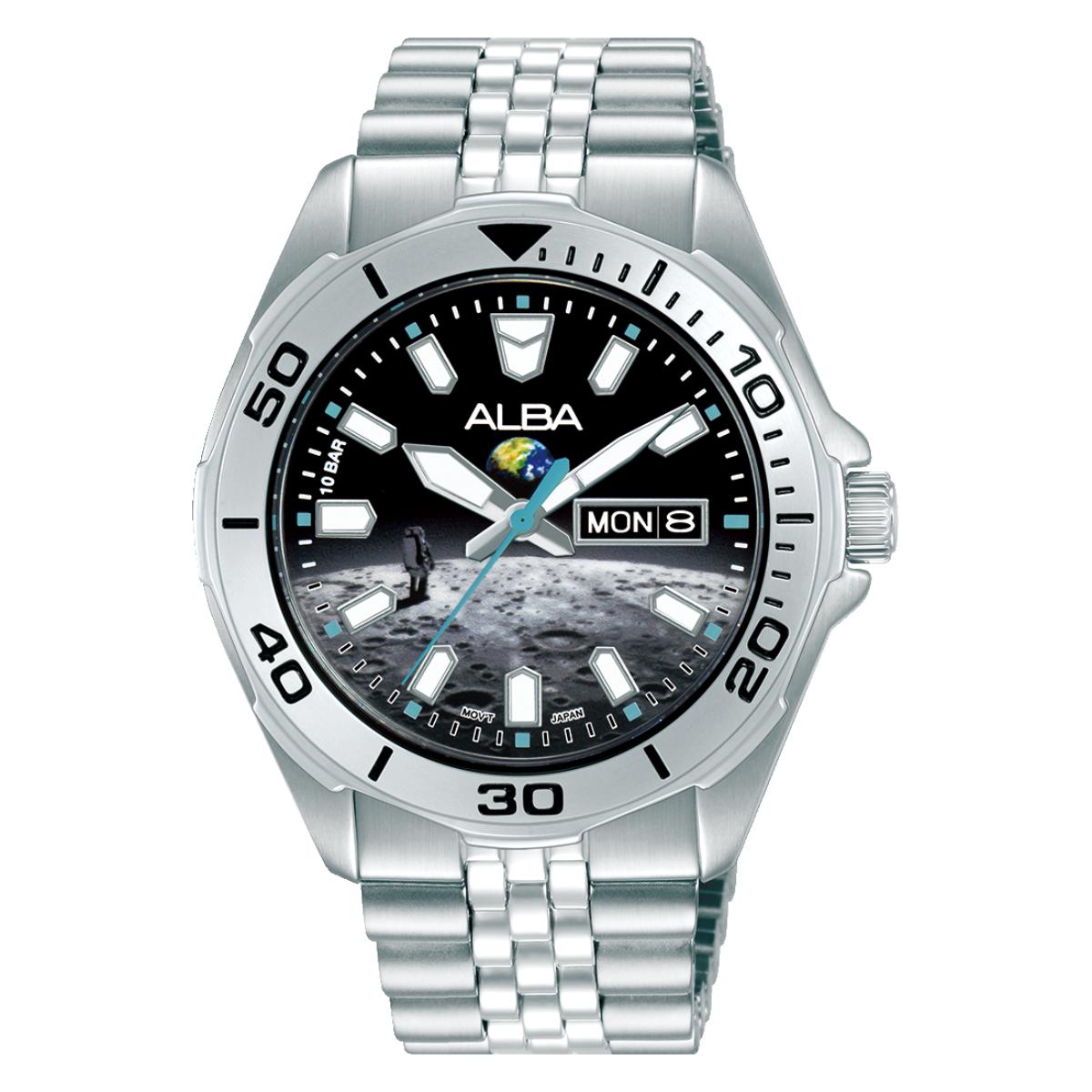 Silver watch with a detailed face on a white background