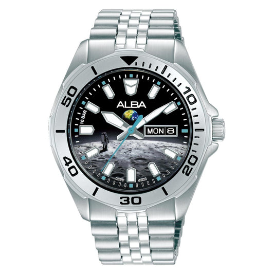 Silver watch with a detailed face on a white background