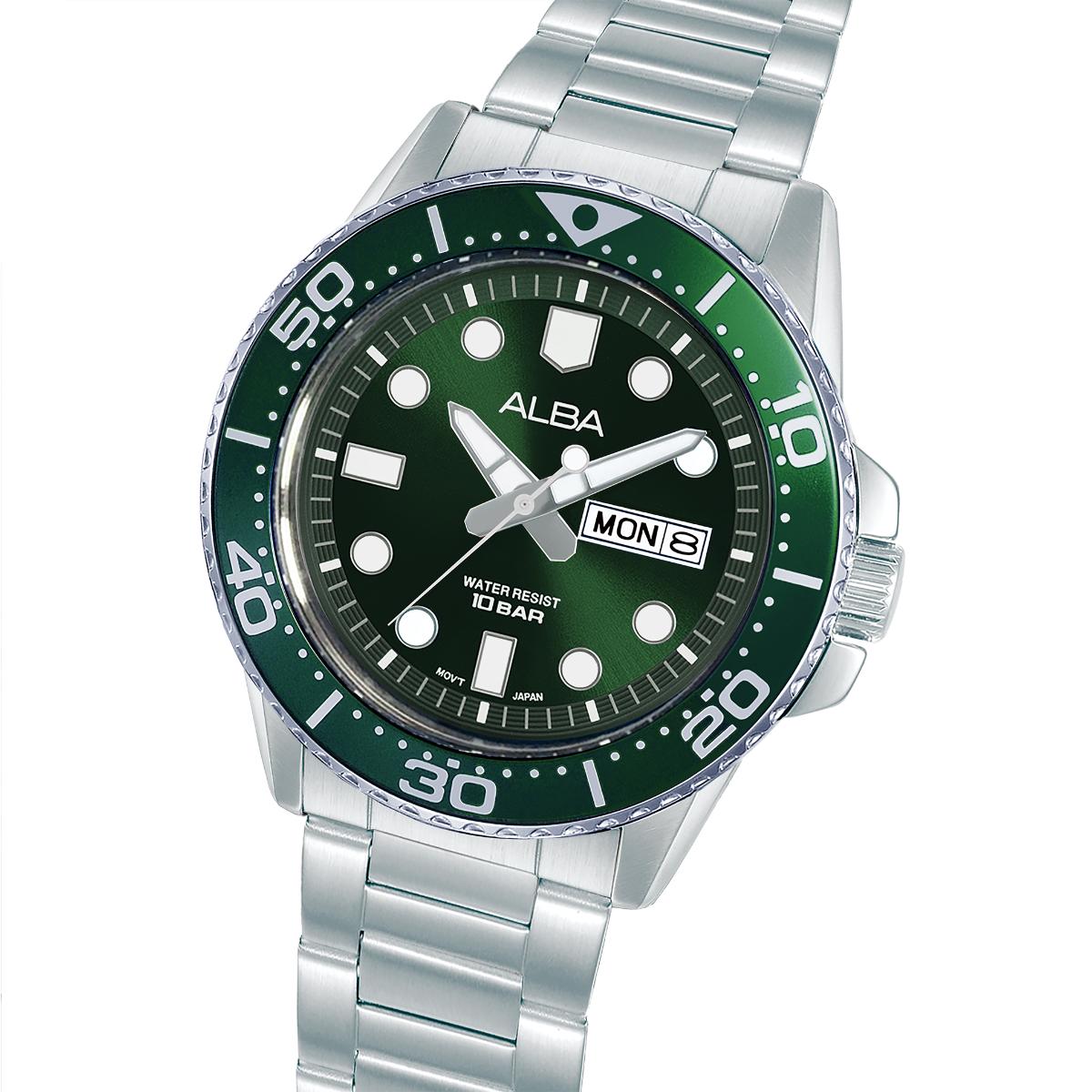 Green and silver watch with 'Alba' branding on a white background