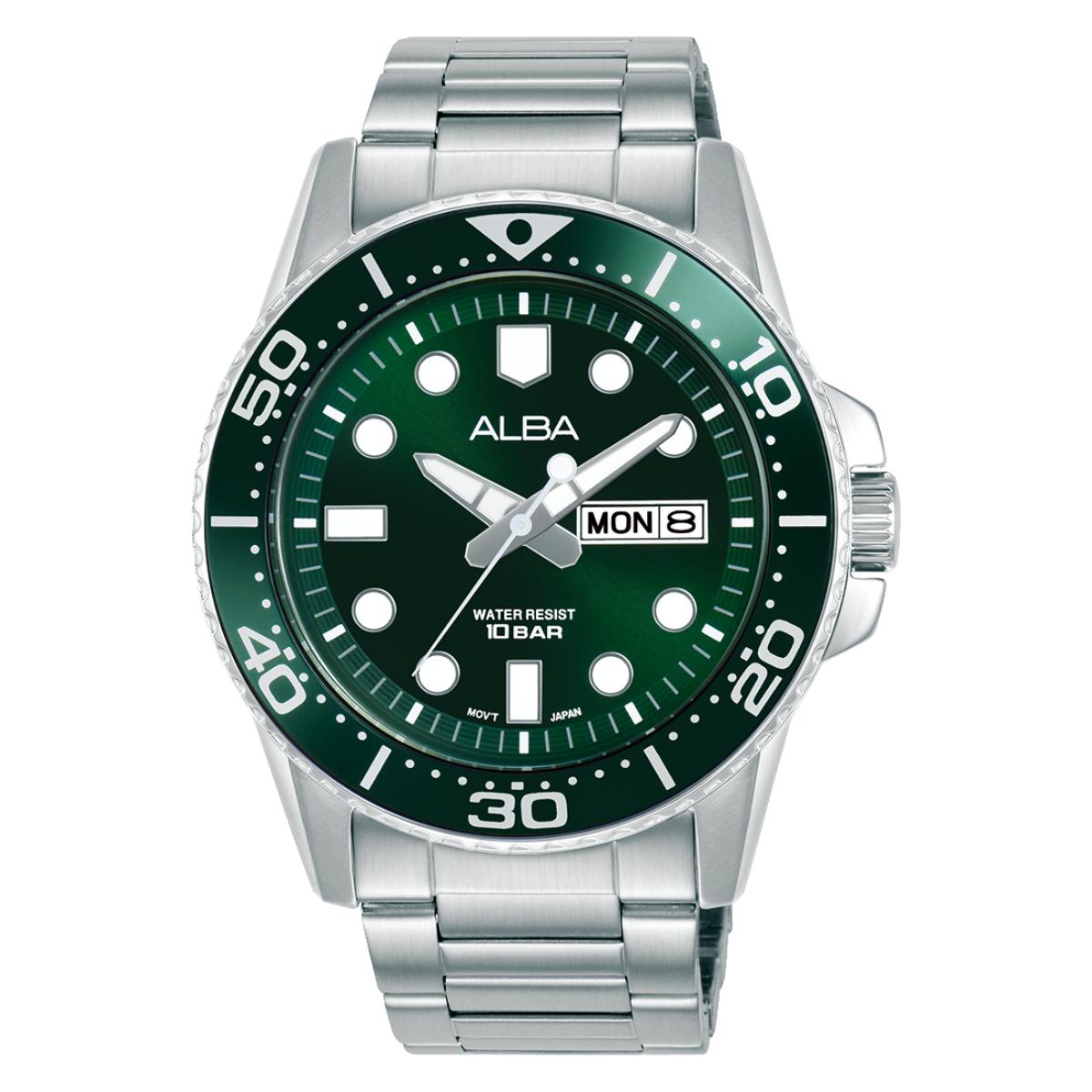 Alba watch with green dial and silver metal strap on a white background