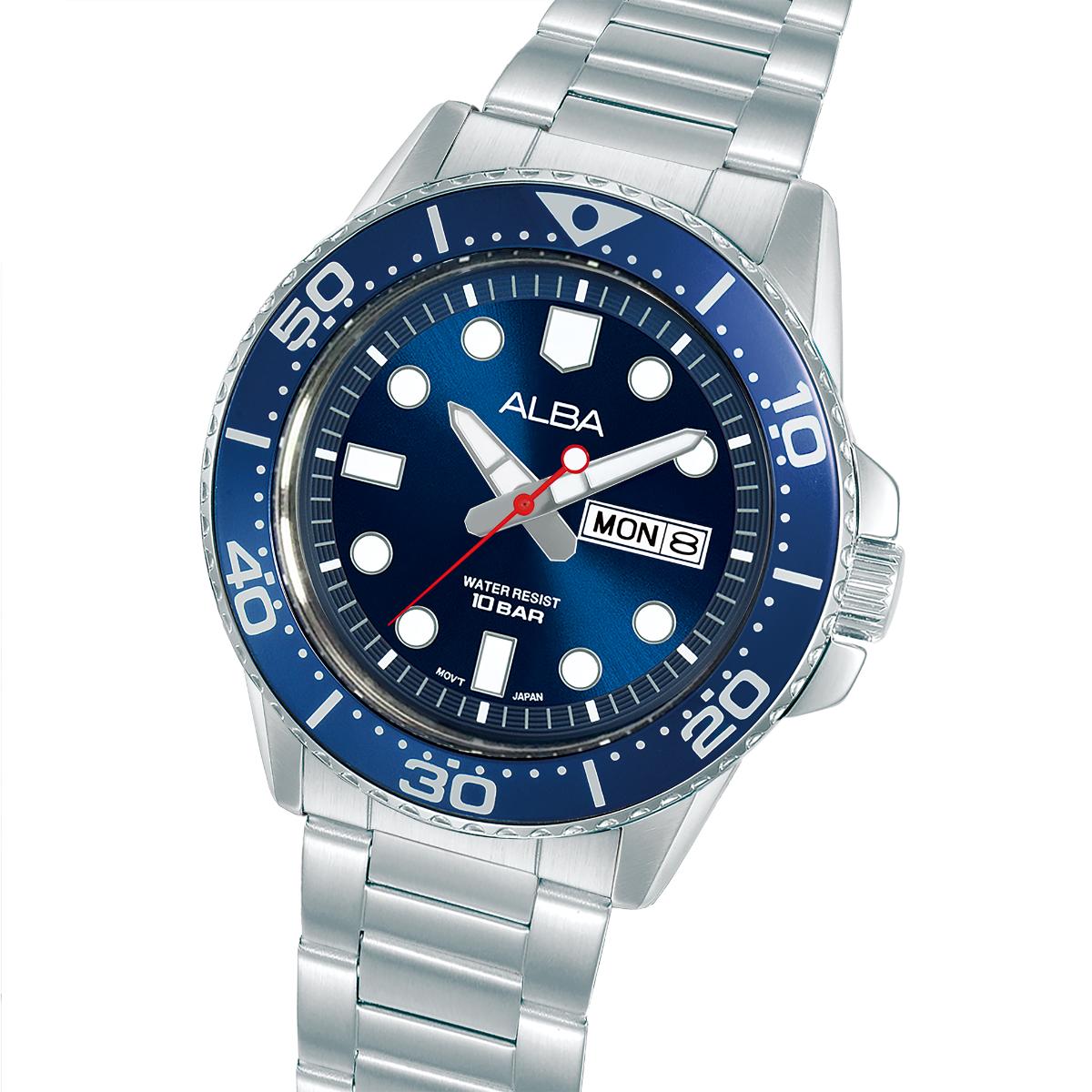 Silver watch with a blue dial on a white background