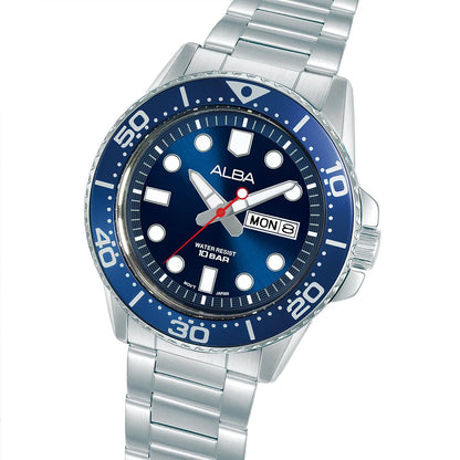 Silver watch with a blue dial on a white background