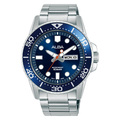 Alba watch with blue dial and silver metal strap on a white background