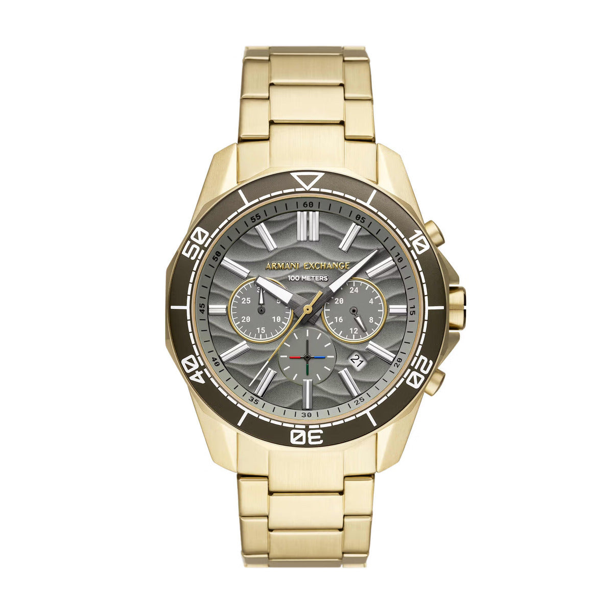 Gold watch with a detailed face on a white background