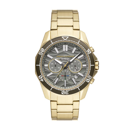 Gold watch with a detailed face on a white background