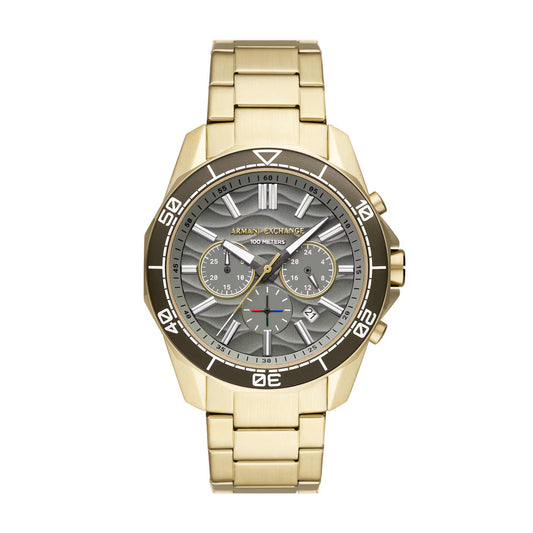 Gold watch with a detailed face on a white background