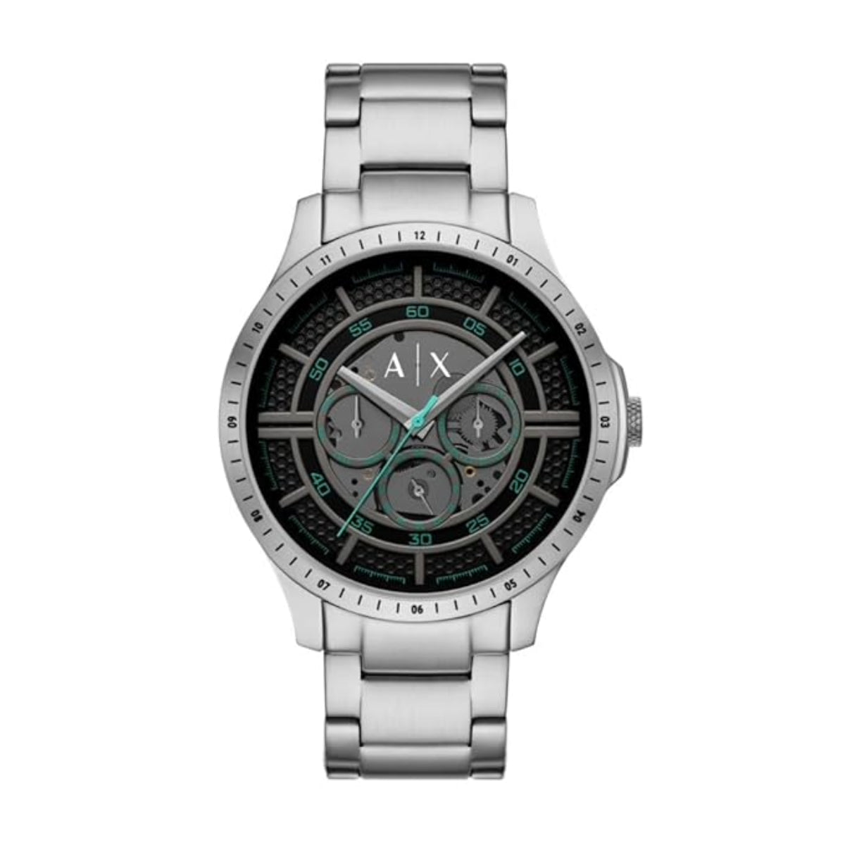 Silver watch with a black face on a white background