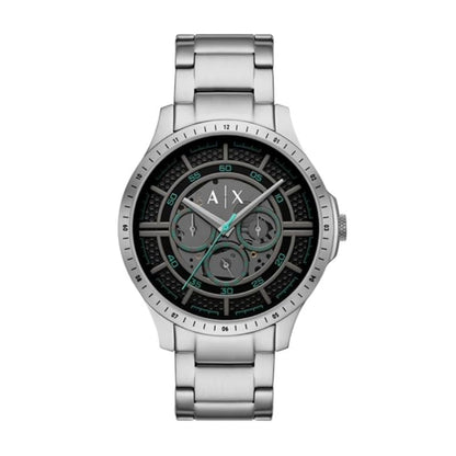 Silver watch with a black face on a white background