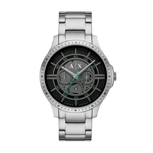 Silver watch with a black face on a white background