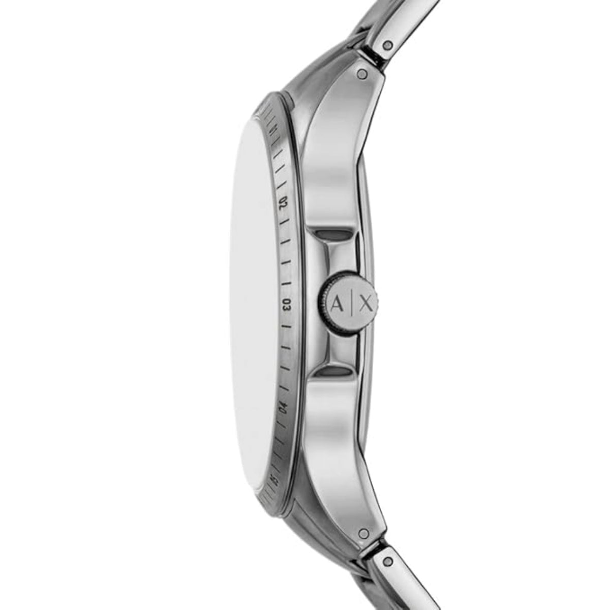 Silver Armani Exchange watch on a white background