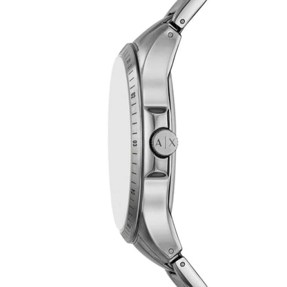 Silver Armani Exchange watch on a white background