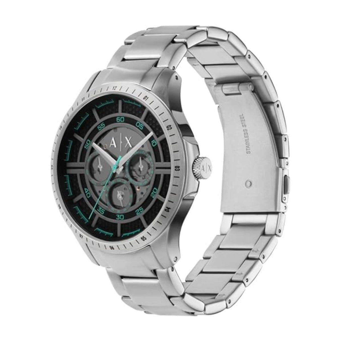 Silver Armani Exchange watch on a white background