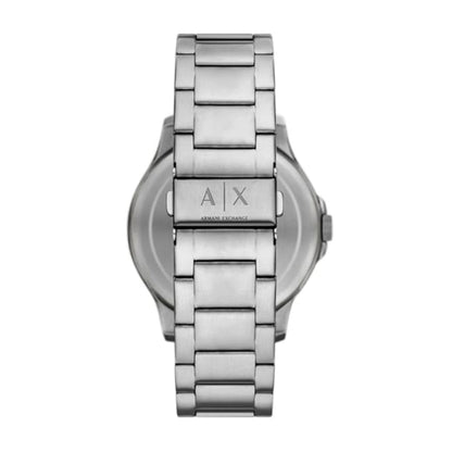 Silver watch with a visible brand logo on a white background
