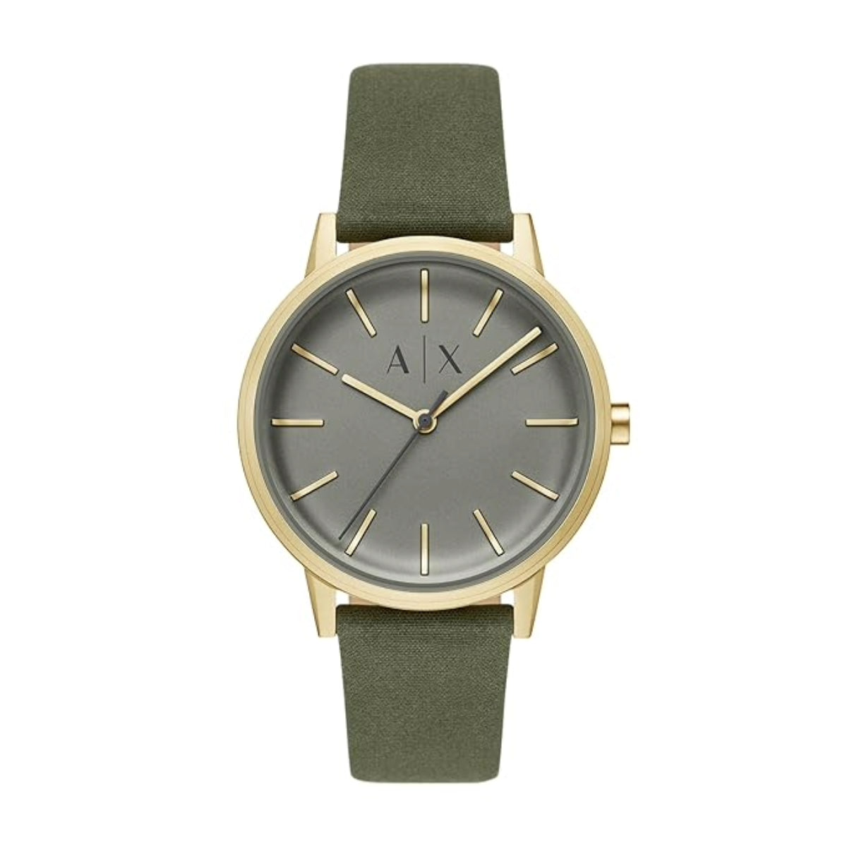 Watch with green strap and gold case on a white background