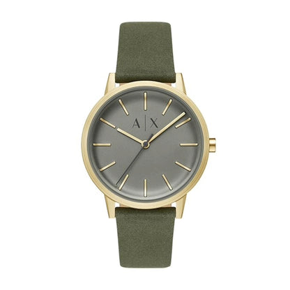 Watch with green strap and gold case on a white background