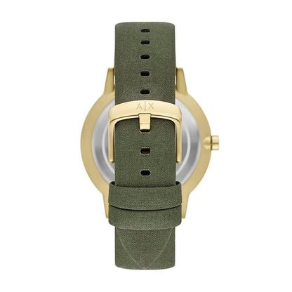 Watch with green strap and gold case on a white background