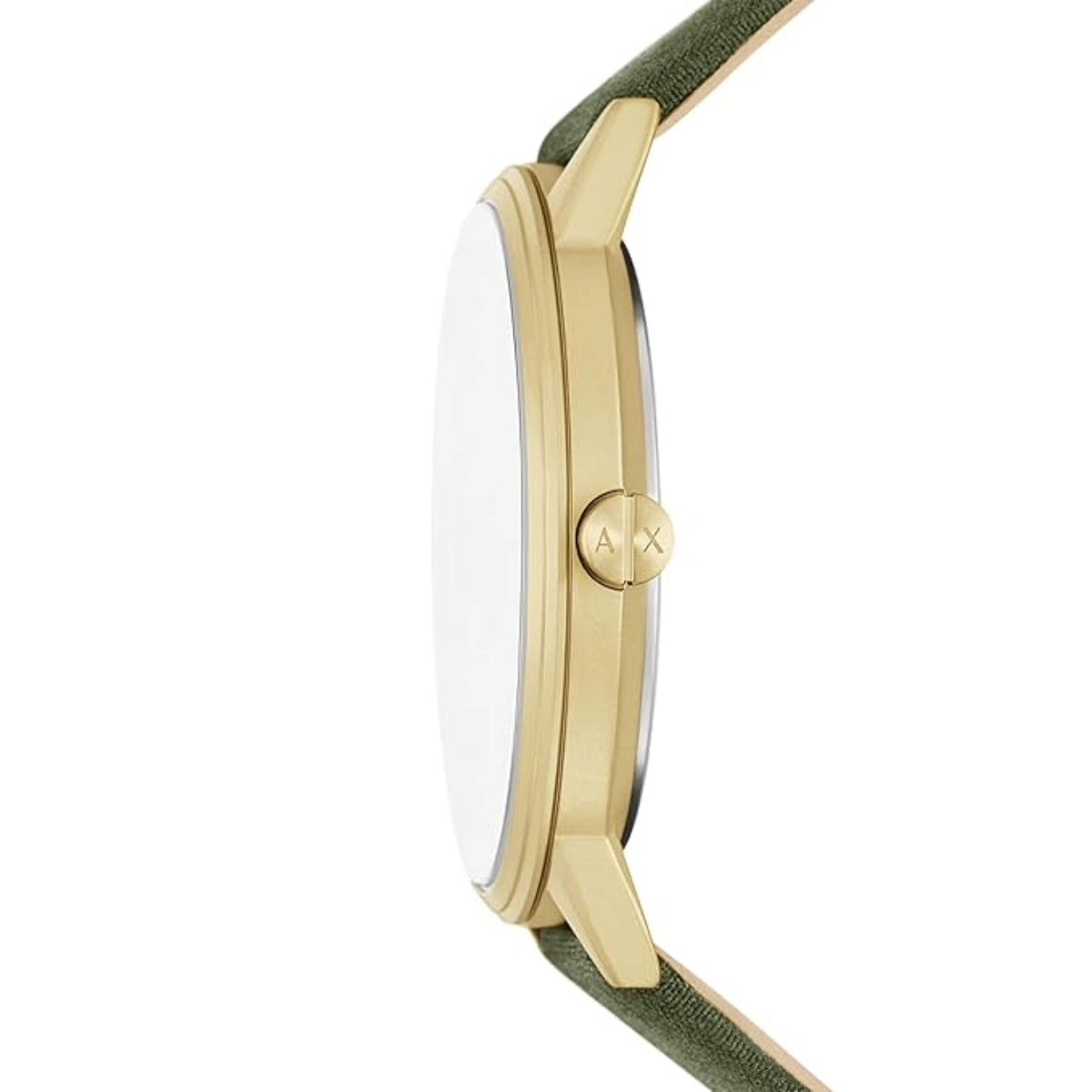 Close-up of a watch with gold case and green strap on a white background