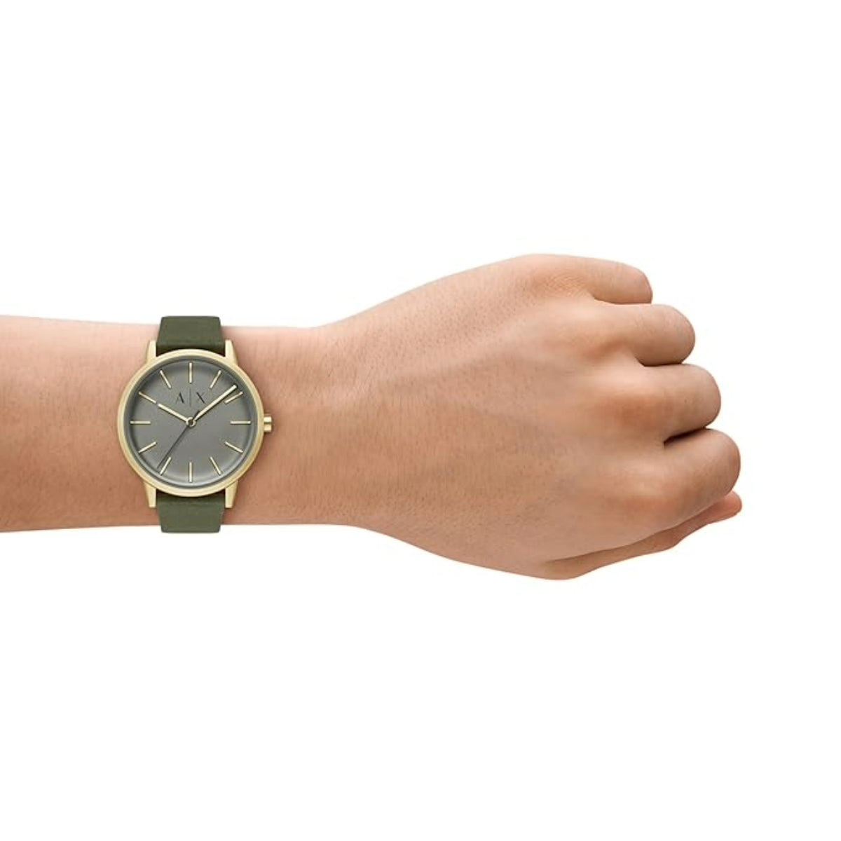 Hand wearing a watch with a green strap on a white background