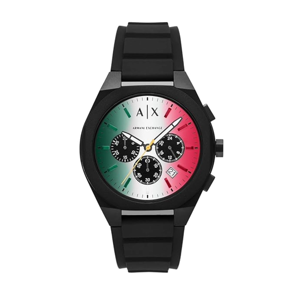 Black watch with a colorful face on a white background