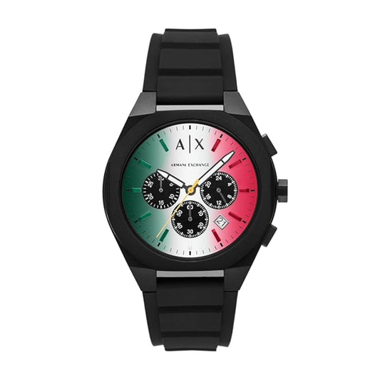 Black watch with a colorful face on a white background