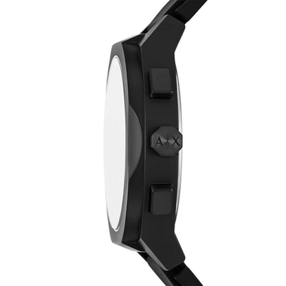Close-up of a black watch with brand logo on a white background