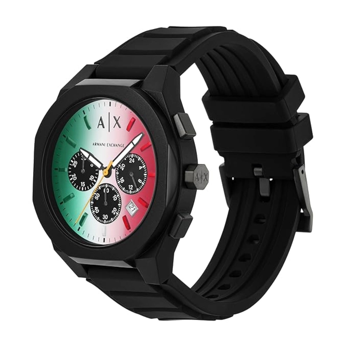 Black Armani Exchange watch with a colorful face on a white background
