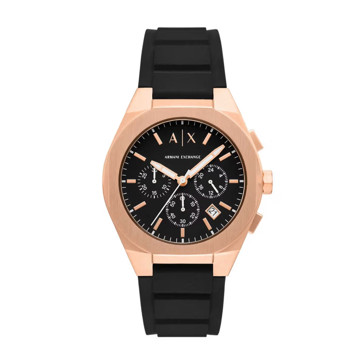 Black watch with rose gold case and black strap on a white background
